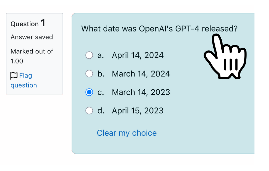 Moodle quiz with pointer pointing at question text